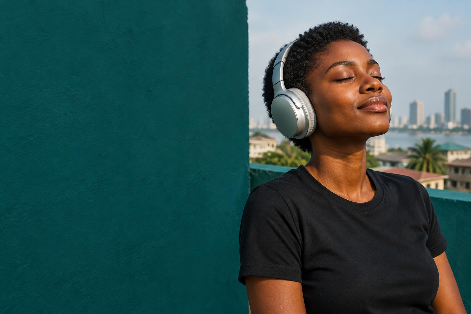 African music fan enjoying a song on a sunny Lagos rooftop